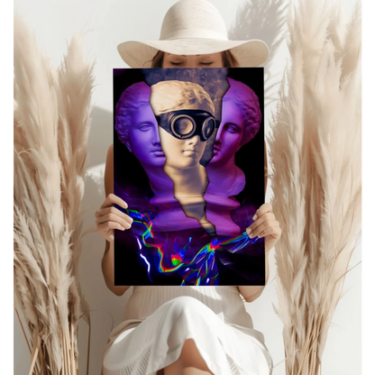 Purple Goggle Statue canvas print with rainbow lights and gold frame