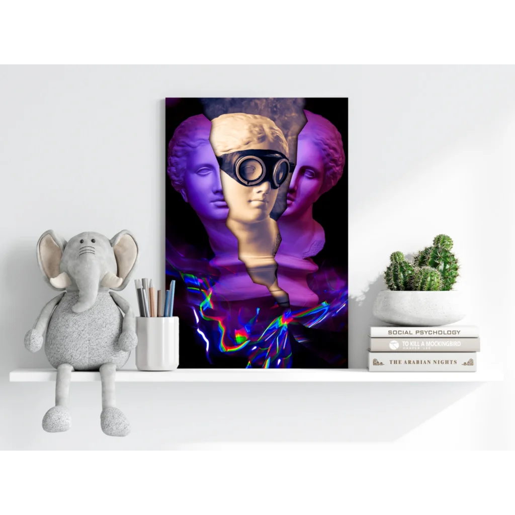 Purple black abstract futuristic goggles art print with rainbow lights