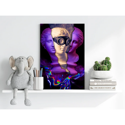 Purple black abstract futuristic goggles art print with rainbow lights