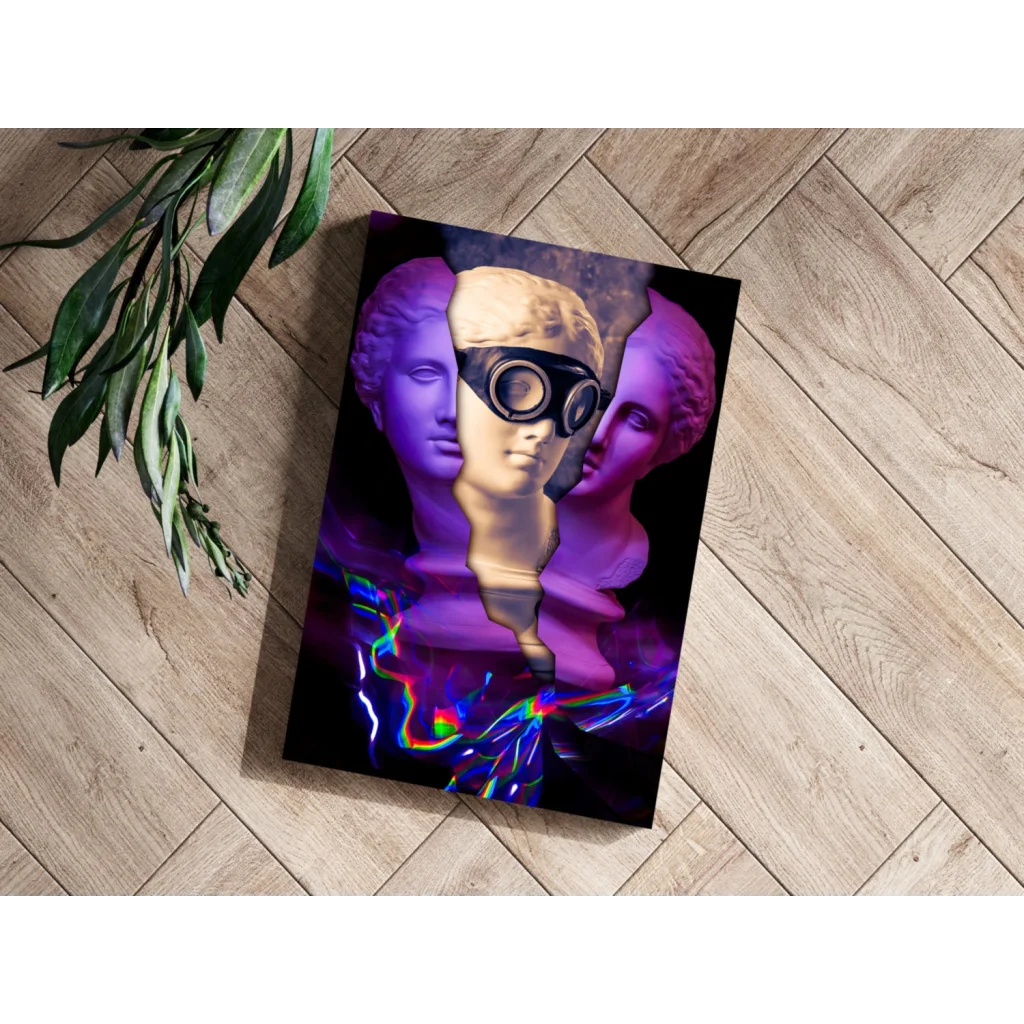 Purple and black canvas art of mannequin head with goggles and rainbow lights