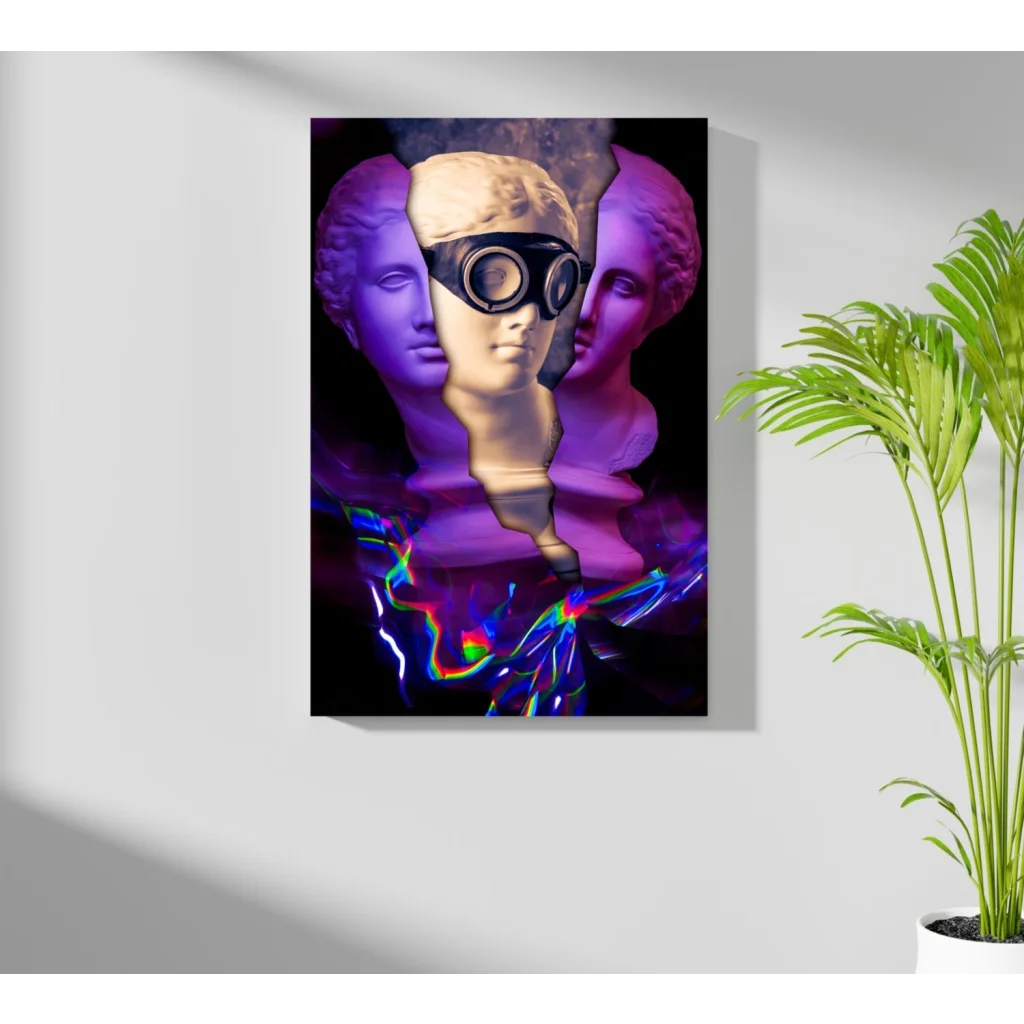 Purple and black abstract art print with goggles and rainbow light effects