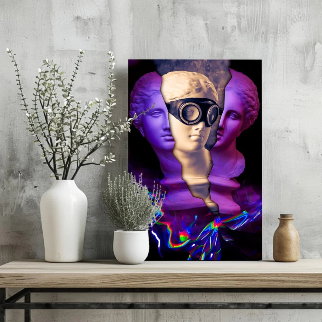 Purple goggle statue canvas print with rainbow light effects