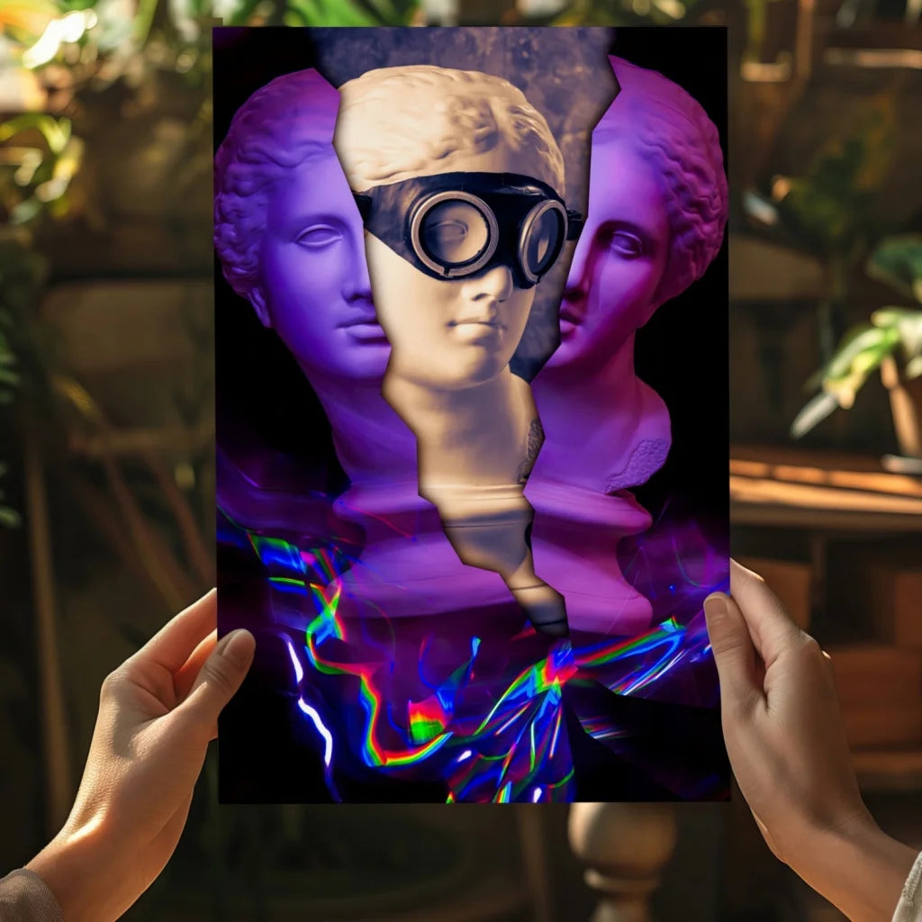 Holographic poster of classical busts in futuristic Purple Goggle Statue with rainbow lights