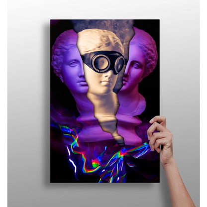 Purple goggle statue canvas print with rainbow light effects