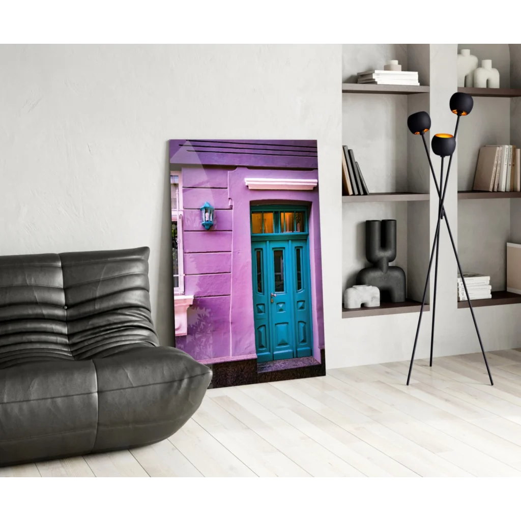 Vibrant purple teal door glass wall art print