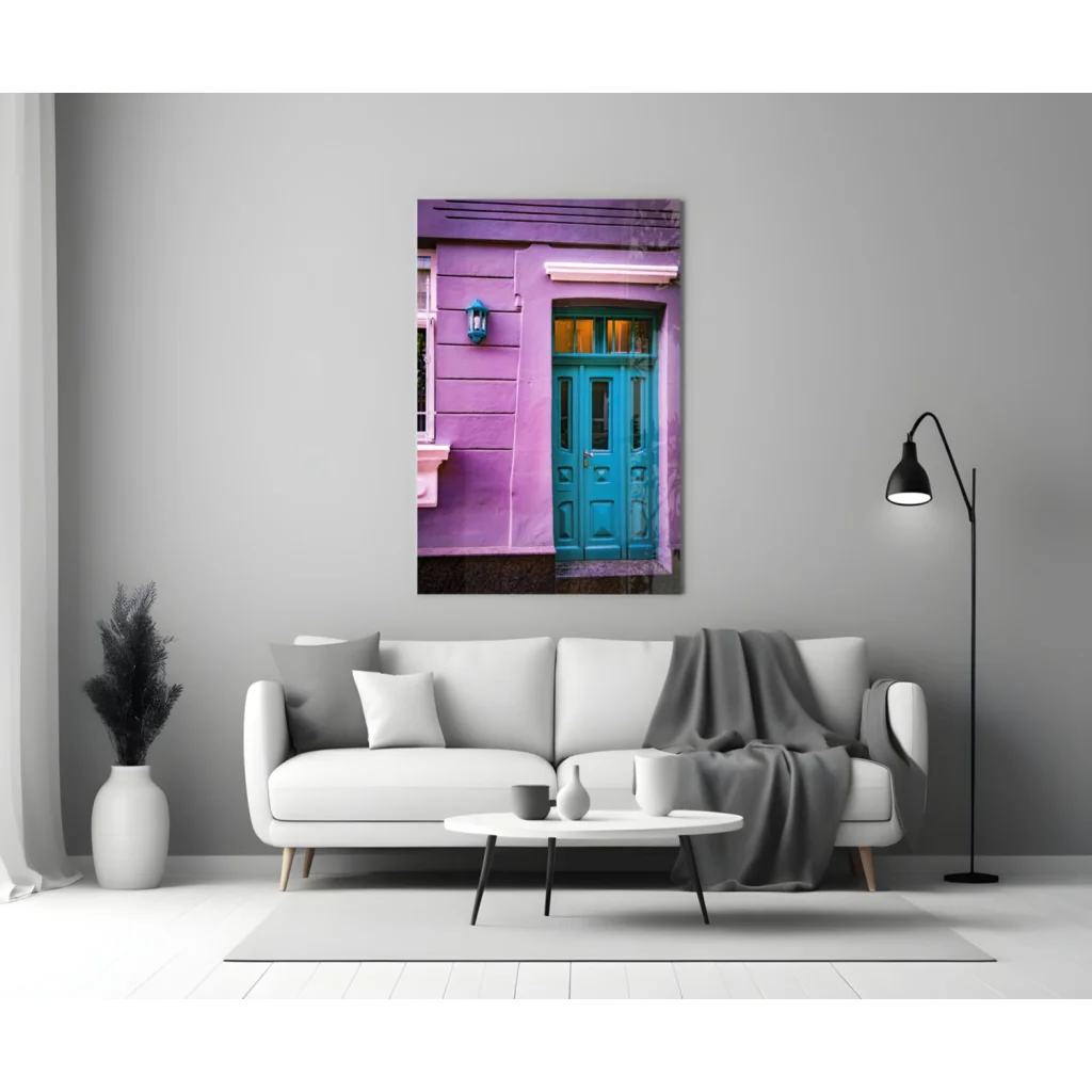 Turquoise Doors Purple Wall Art Glass Panel Print | Modern Wall Art Decor | vintageantiquesgifts.com