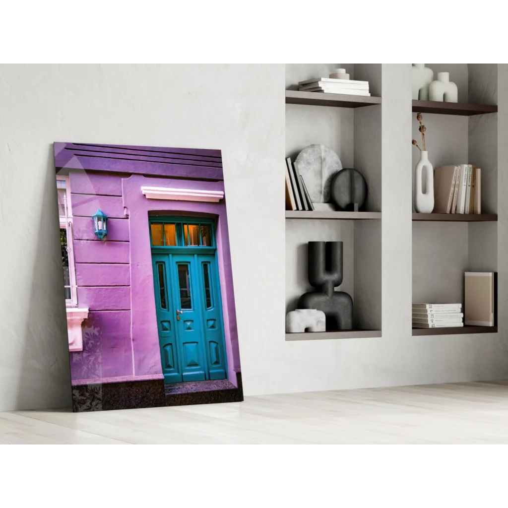 Vibrant purple house with teal door in turquoise doors glass wall art print