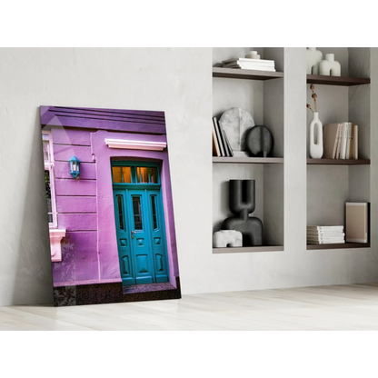 Vibrant purple house with teal door in turquoise doors glass wall art print
