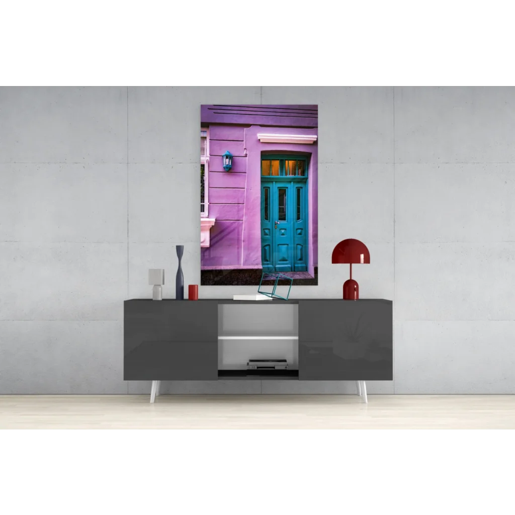 Vibrant purple teal door glass wall art on gray console