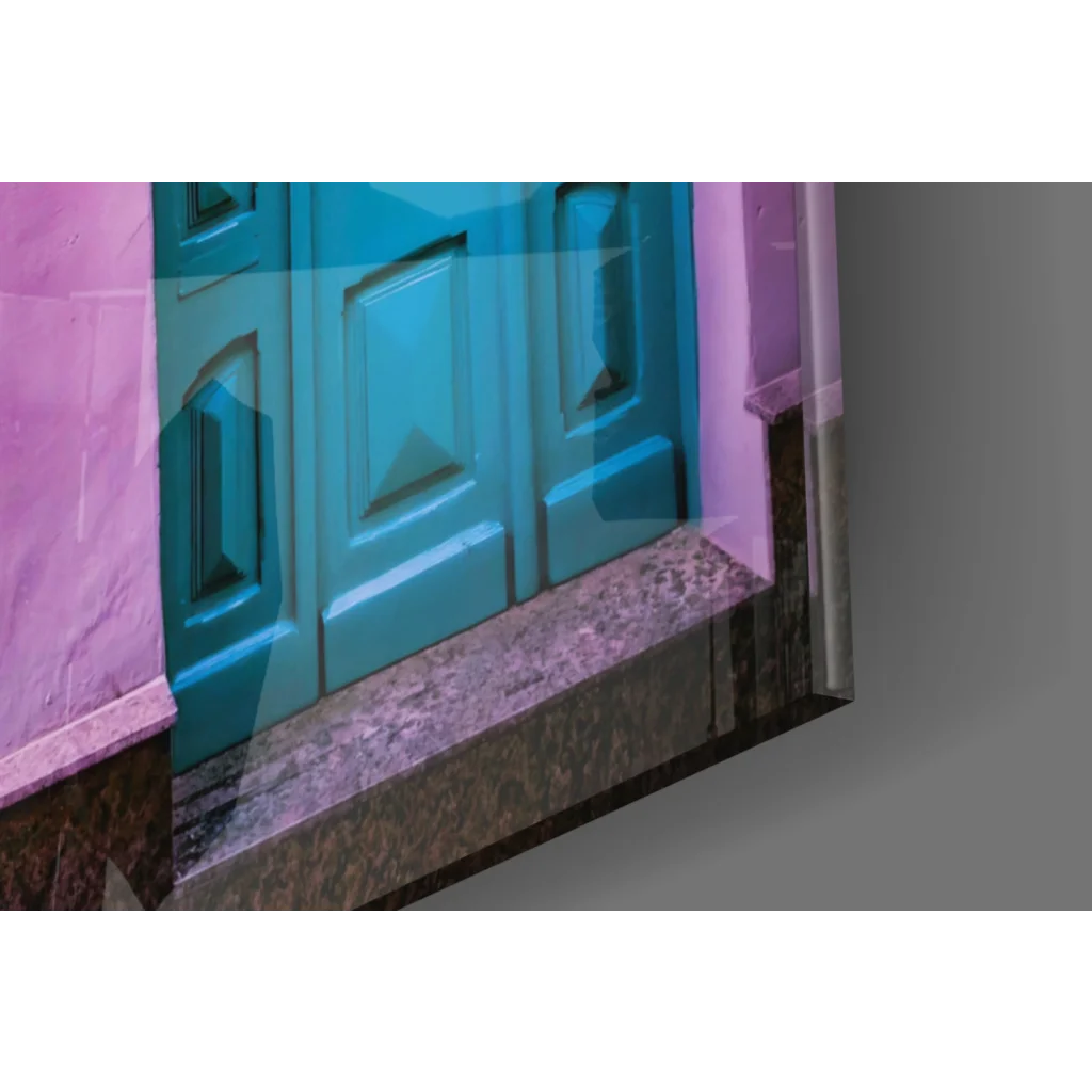 Vibrant turquoise double doors on pink wall, glass wall art print