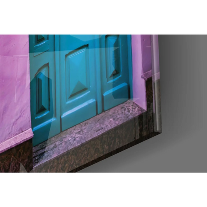 Vibrant turquoise double doors on pink wall, glass wall art print