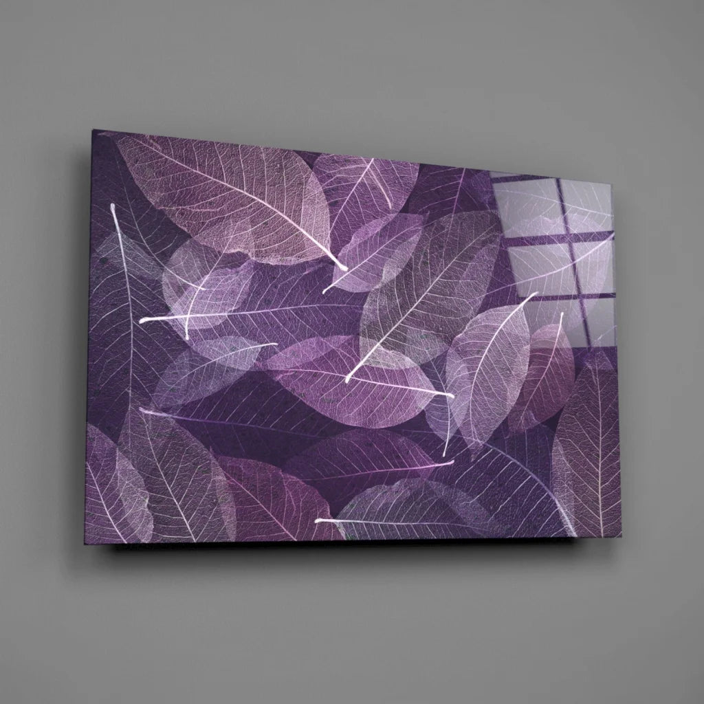 Purple leaf canvas wall art with white veins and modern grid design
