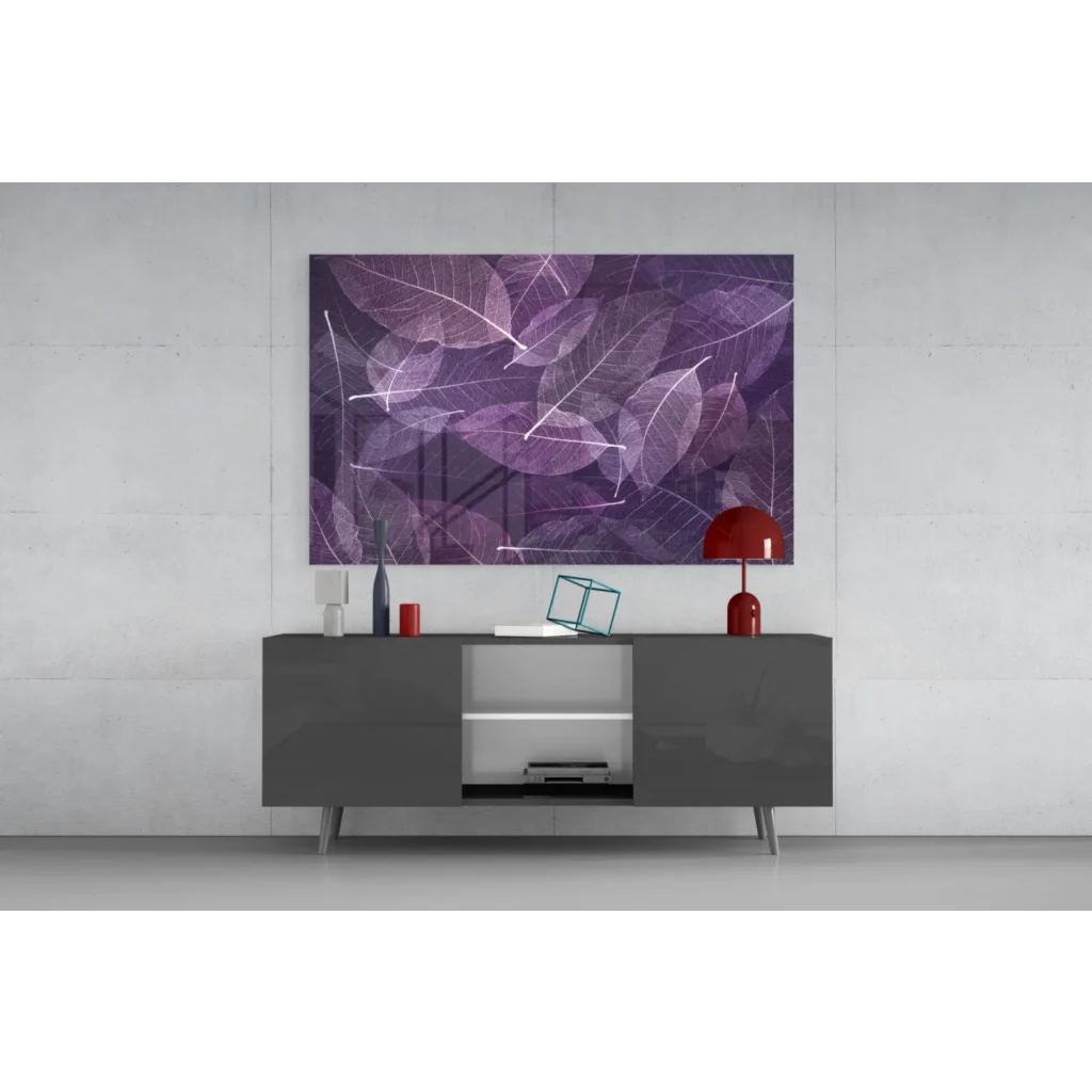 Modern dark gray sideboard with silver legs under Purple Leaf wall art