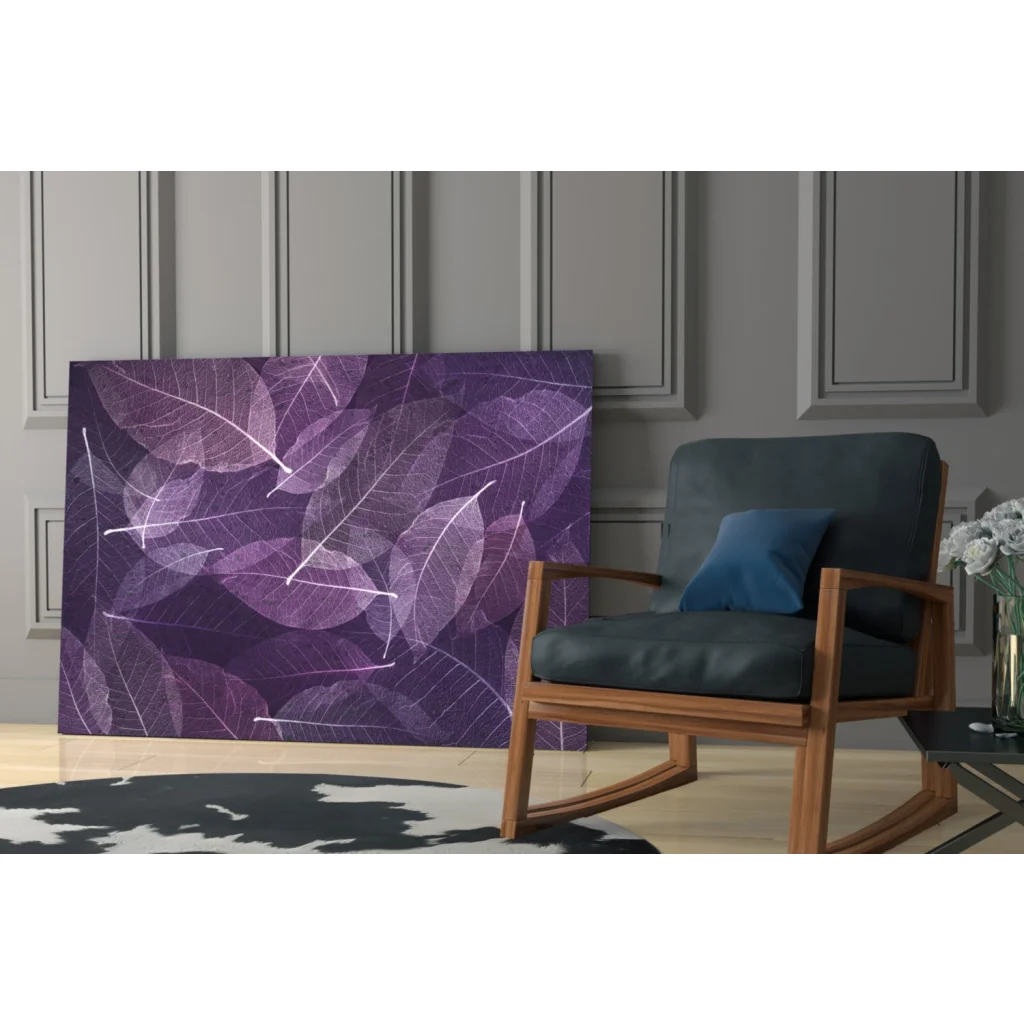 Purple leaf wall art canvas with white branch design on dark background