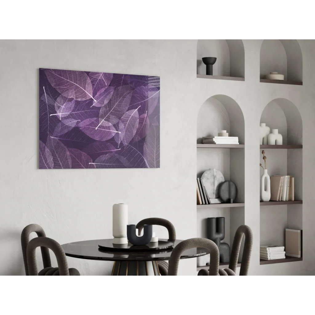 Purple leafy wall art with white veins and modern branch design
