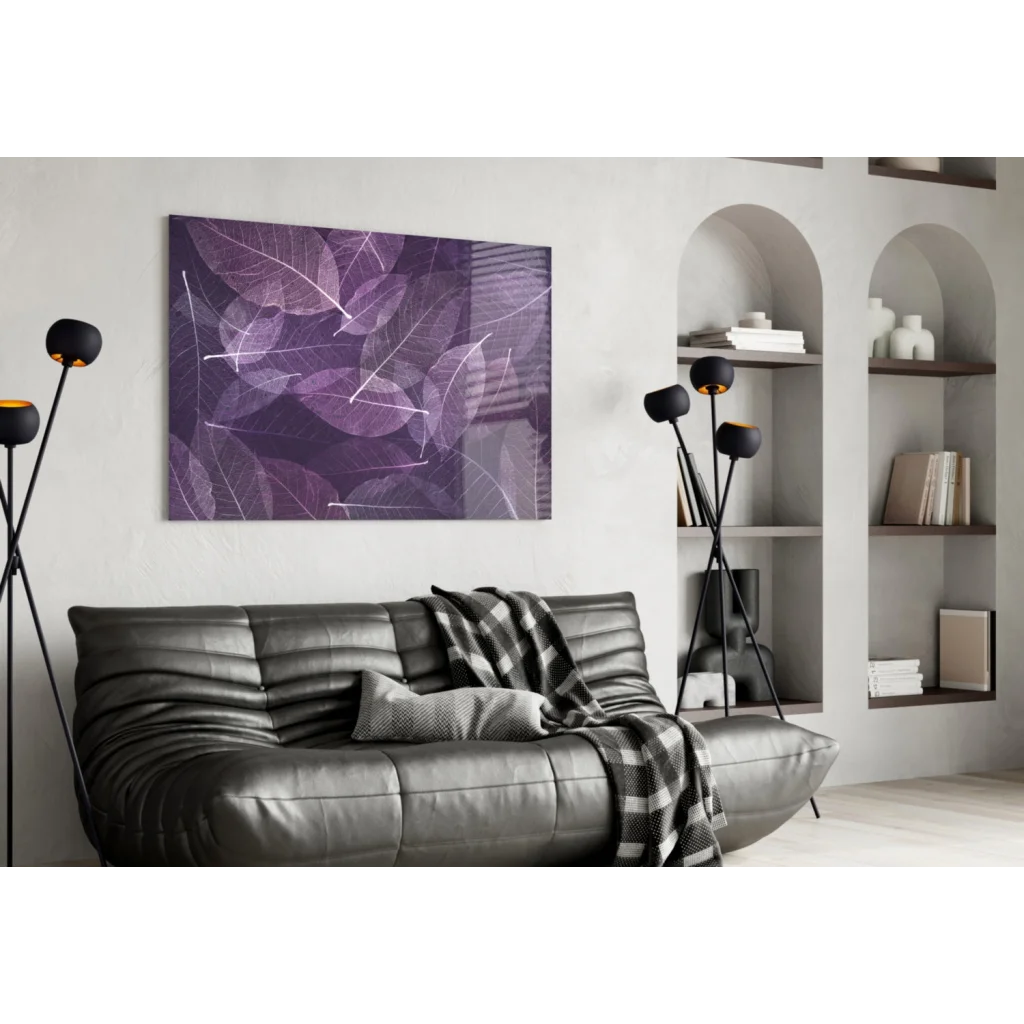 Purple leaf canvas wall art with modern white branch design
