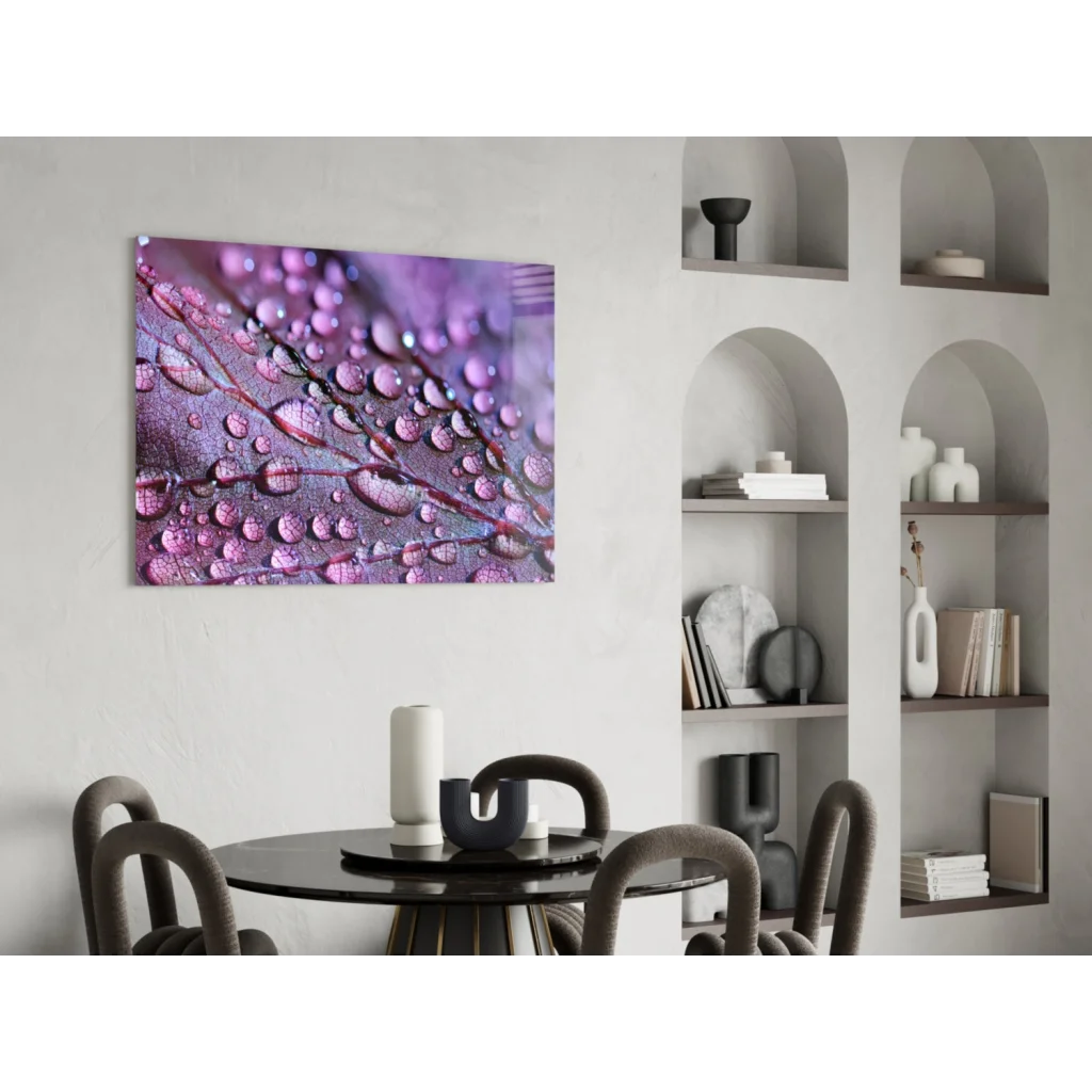 Vibrant purple pink macro dewdrops on leaf glass wall art