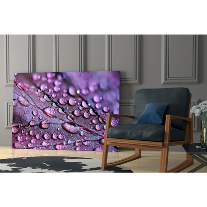 Purple dewdrops on leaf glass wall art with veining and bokeh highlights