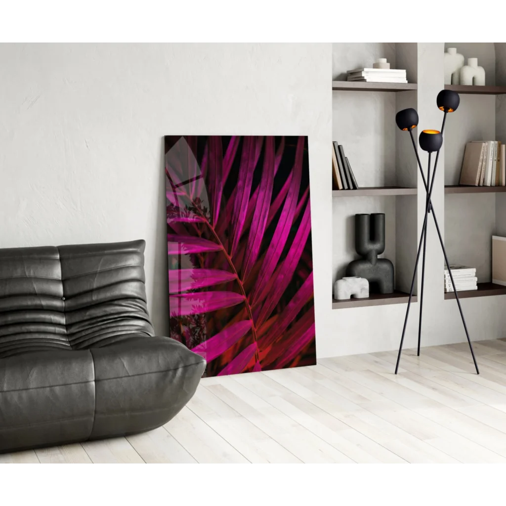 Vibrant magenta palm glass wall art on modern canvas