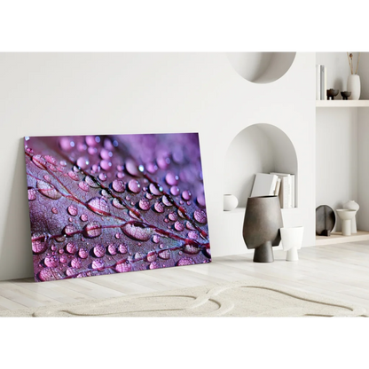 Purple dewdrops on veined leaf glass wall art print