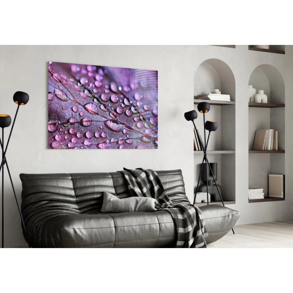 Purple and pink water droplet glass wall art on modern living room wall
