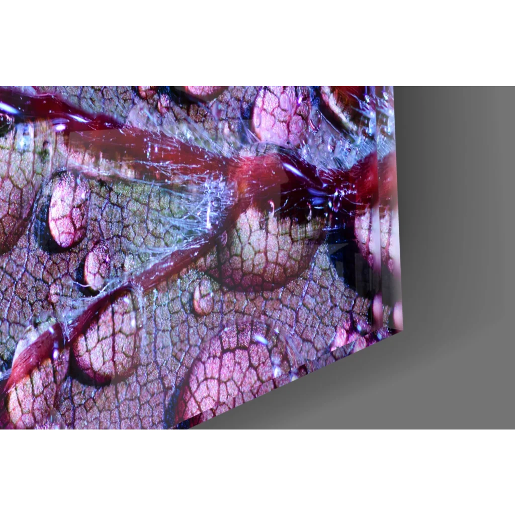 Vibrant abstract glass wall art with cracked pink purple surfaces and red streaks