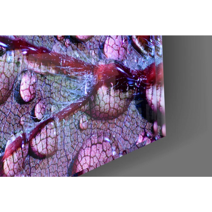 Vibrant abstract glass wall art with cracked pink purple surfaces and red streaks