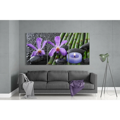 Purple Orchid Bamboo Glass Wall Art with orchids, stones, bamboo
