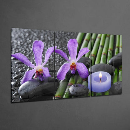 Purple orchid glass wall art with bamboo and stones