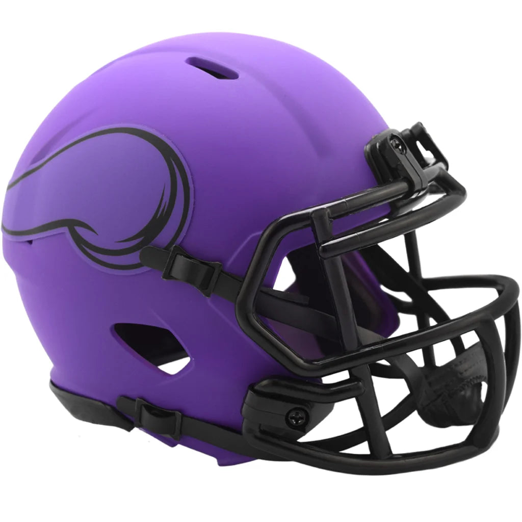 Purple matte mini football helmet with black visor, Minnesota Vikings logo, and matte black accents