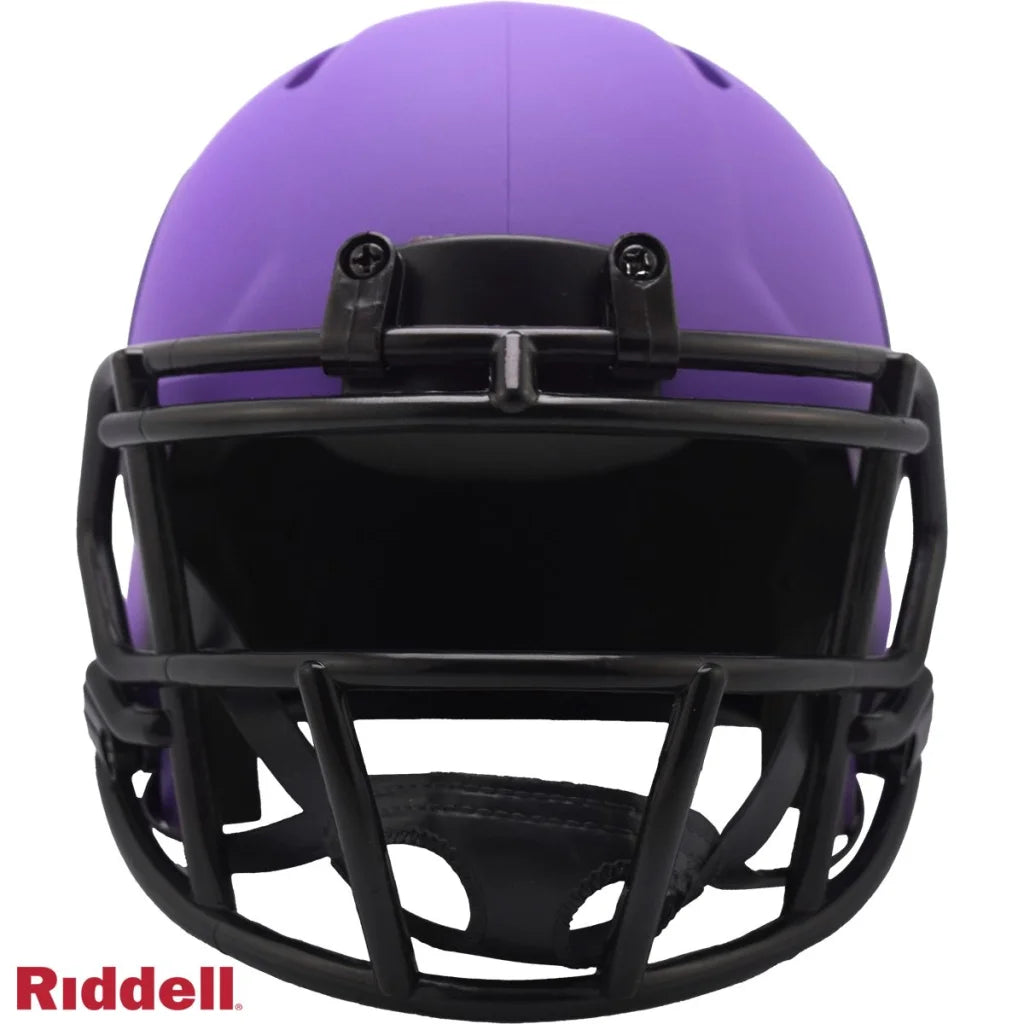 Purple Rave mini football helmet with matte black accents