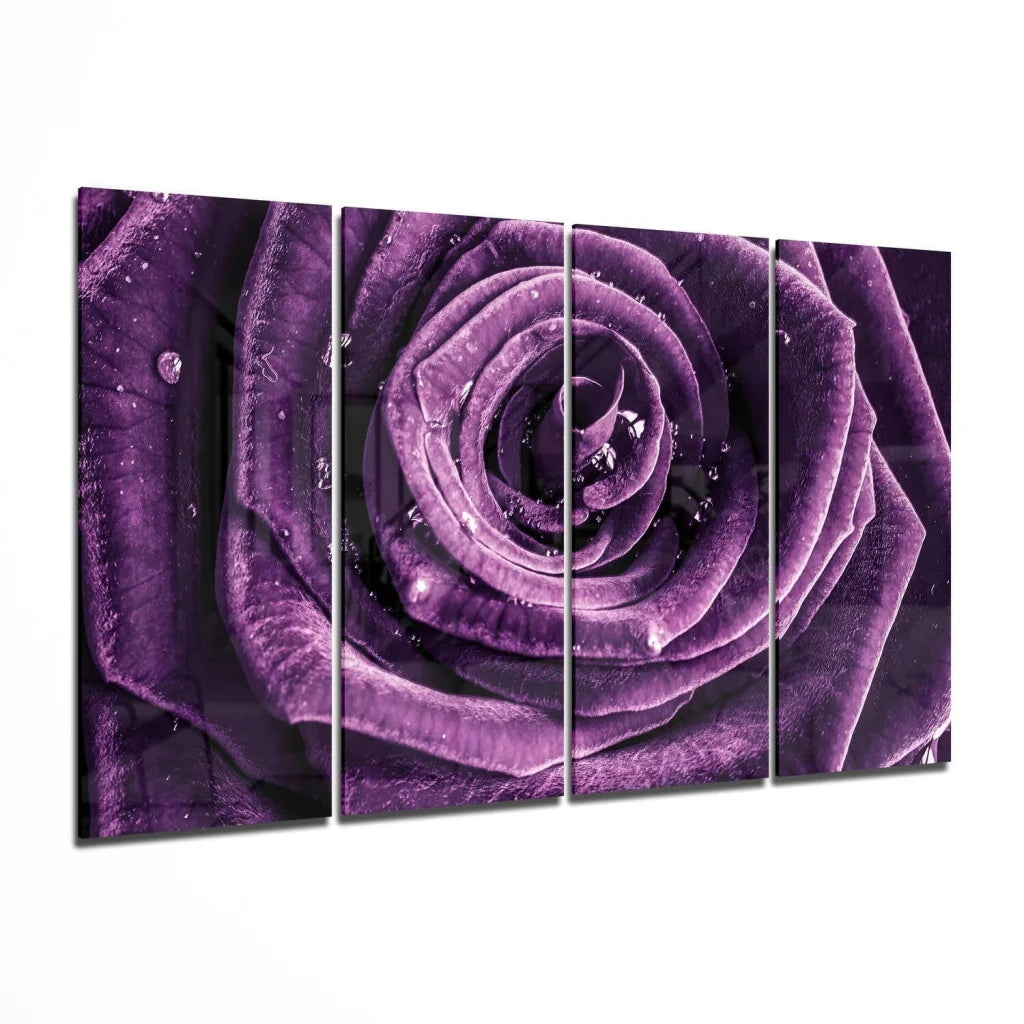 Stunning purple rose glass wall art with velvety petals and dew drops
