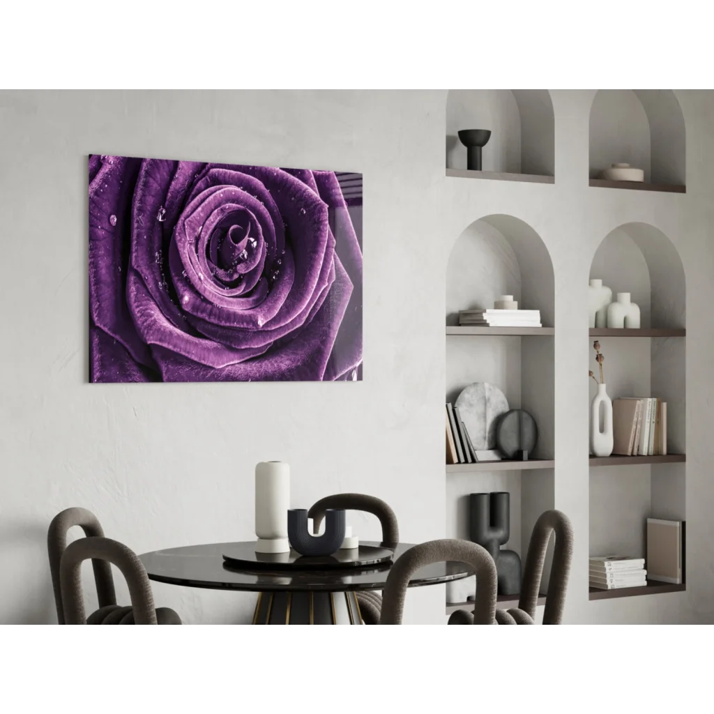Vibrant purple rose dew drops glass wall art on white wall