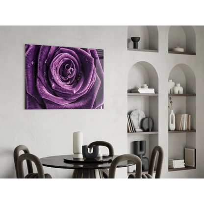 Vibrant purple rose dew drops glass wall art on white wall