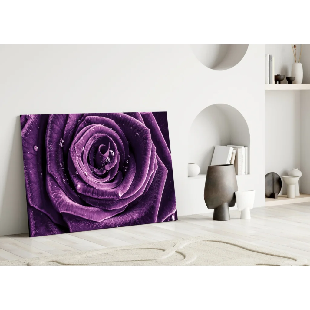 Purple Rose Dew Drops Glass Wall Art Print | Modern Wall Art Decor | vintageantiquesgifts.com