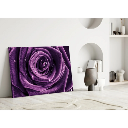 Purple Rose Dew Drops Glass Wall Art Print | Modern Wall Art Decor | vintageantiquesgifts.com