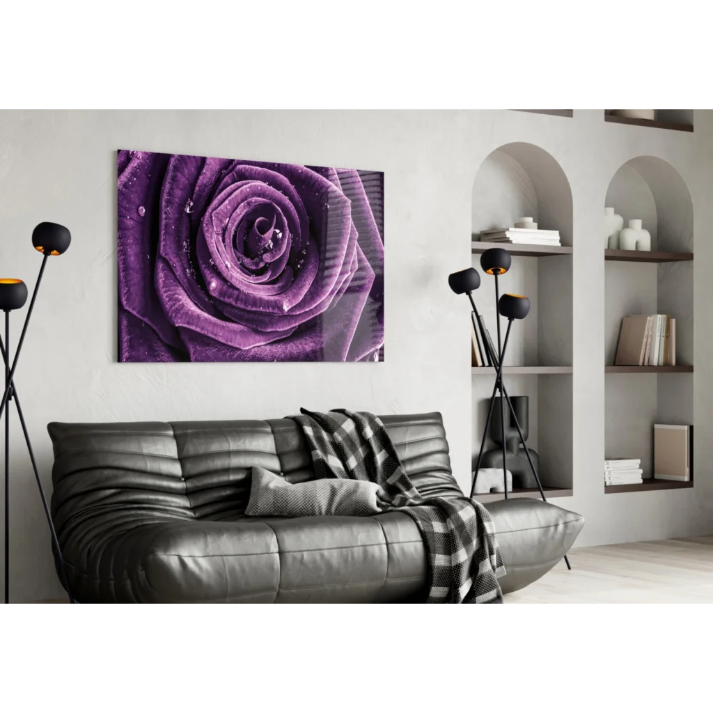 Purple Rose Dew Drops Glass Wall Art Print | Contemporary Home Wall Art | vintageantiquesgifts.com