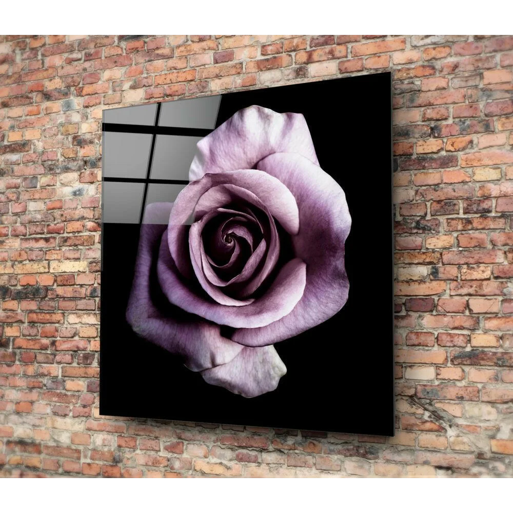 Stunning purple rose glass wall art with deep violet petals