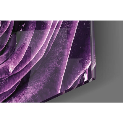 Purple Rose Dew Drops glass wall art: vivid rose petals on TV screen