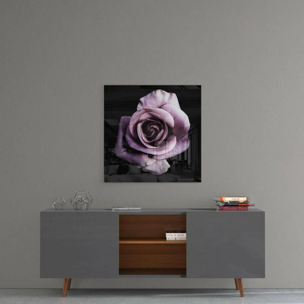 Stunning purple rose glass wall art with deep violet petals and subtle lighting