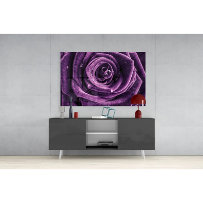 Vibrant purple rose dew drops glass wall art print above gray console