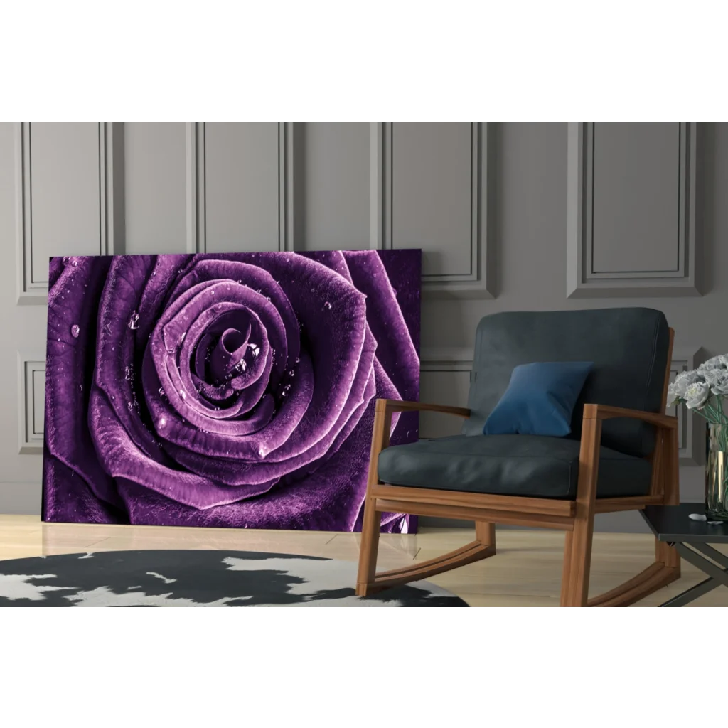 Vibrant purple rose dew drops glass wall art print