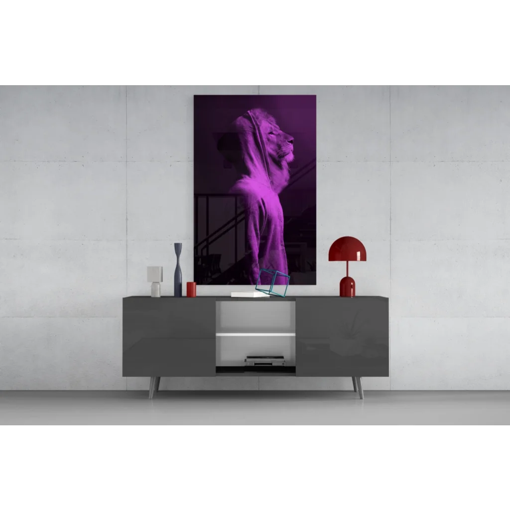 Purple silhouette wall art print on gray sideboard with red accents