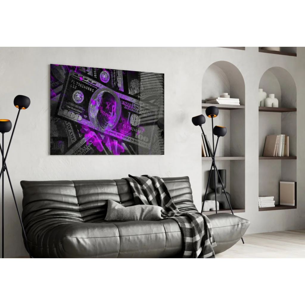Purple Skull Money canvas wall art print with glowing bill