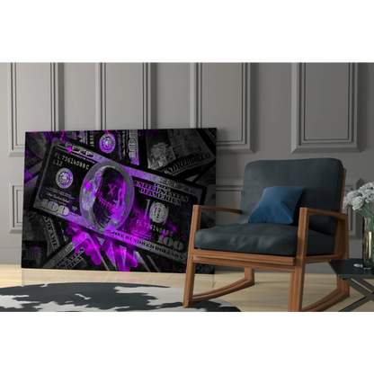 Purple Skull Money Canvas Wall Art Print with glowing accents