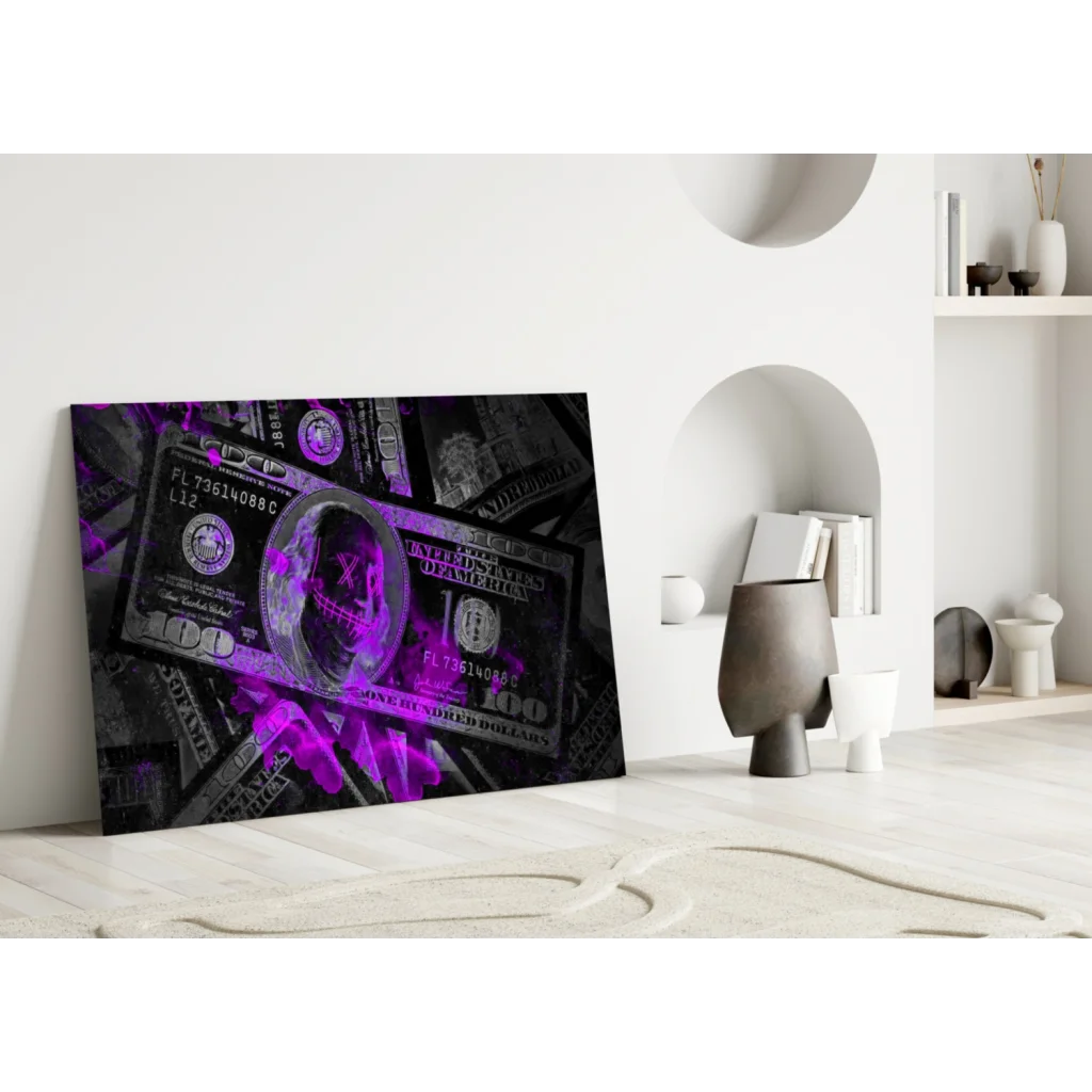 Purple Skull Money canvas wall art print with glowing skull bills