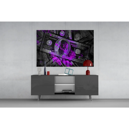 Purple skull money canvas wall art print with glowing circle over dollars