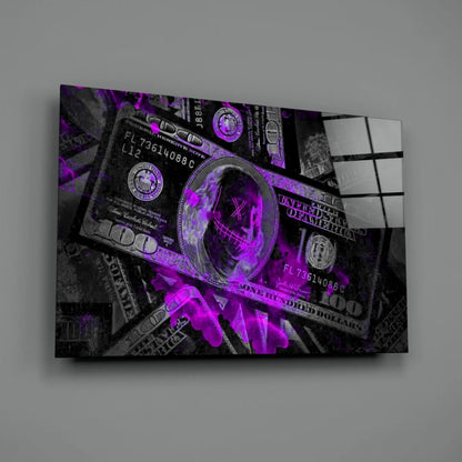 Purple neon skull on dollar bill canvas wall art print
