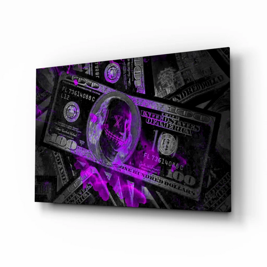 Purple neon skull hundred-dollar bill wall art canvas print