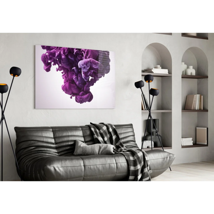 Vibrant purple ink cloud abstract wall art on white wall